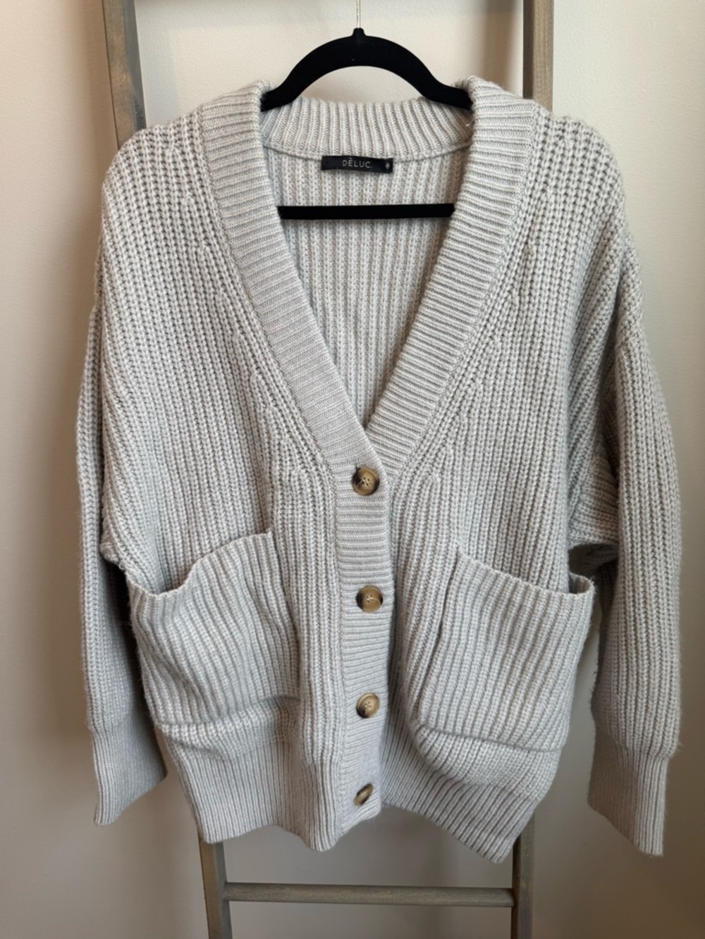 Deluc Cream Chunky Ribbed Button Cardigan with Front Pockets